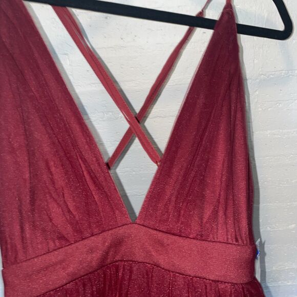 Fairy Grunge Boho Chic SHEIN Belle Plunging Neck Mesh-Overlay Dress Maroon S - Picture 5 of 10